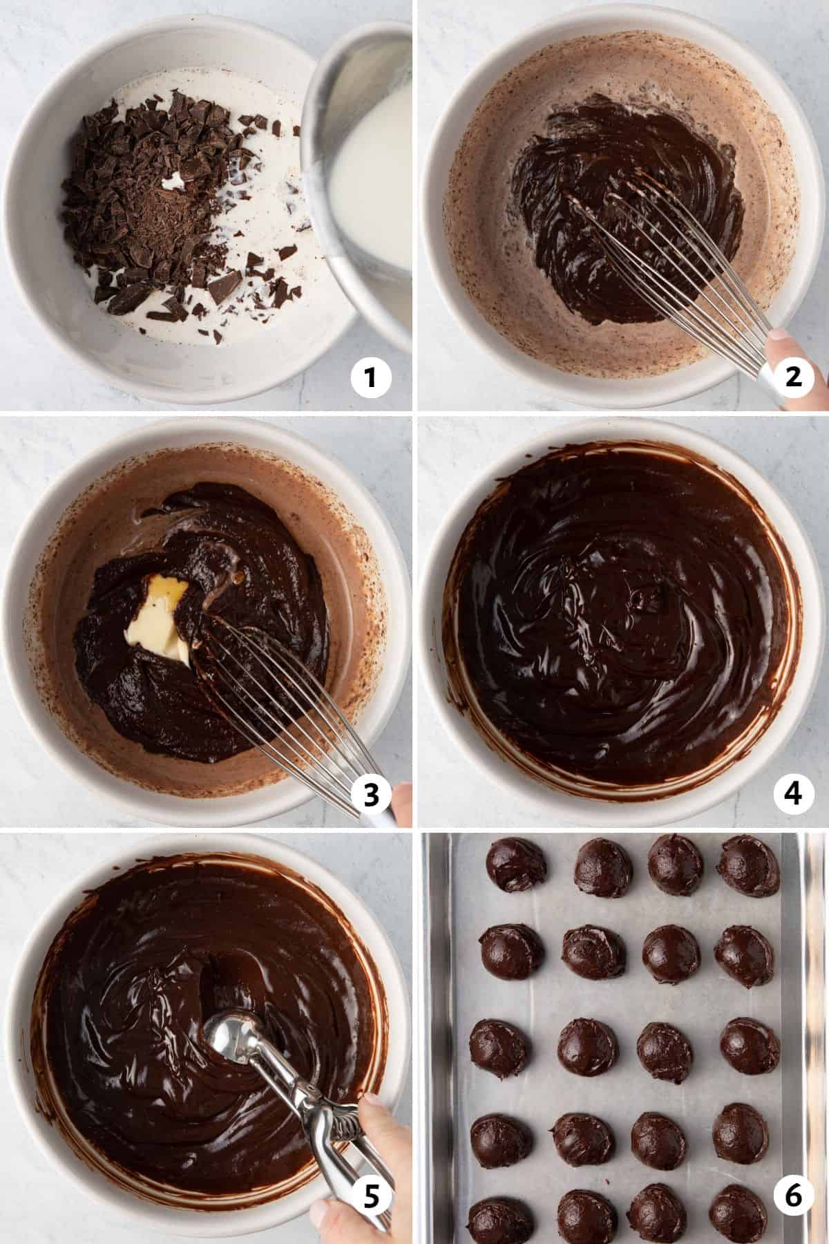 6 image collage making recipe: 1- finely chopped chocolate in a bowl with warm milk being poured over, 2- whisking together, 3- butter added, 4- ganache after being mixed, 5- spring scoop scooping up ganache, 6- balls on a lined baking sheet.