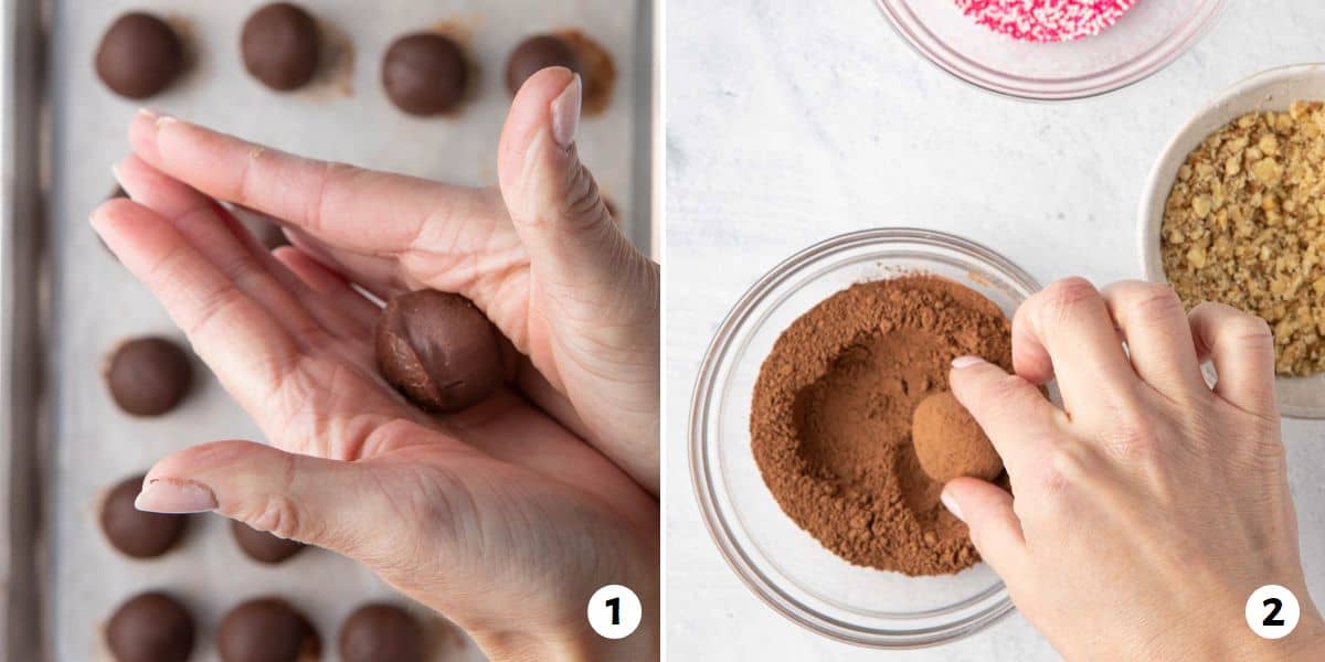 2 image collage showing how to make recipes final product by first rolling the truffle in hands to form a smooth ball, and then rolling in toppings like cocoa powder, chopped nuts, or sprinkles.