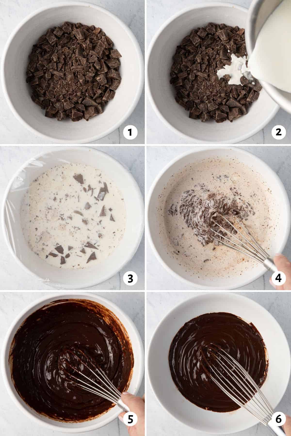 6 image process shot on how to make recipe in a bowl: 1- chopped chocolate in a bowl, 2- warm cream being poured over chocolate, 3- bowl covered with plastic wrap, 4- whisking cream and chocolate, 5- chocolate after being whisked well, 6- ganache after cooled in fridge to show smooth thick consisitency.