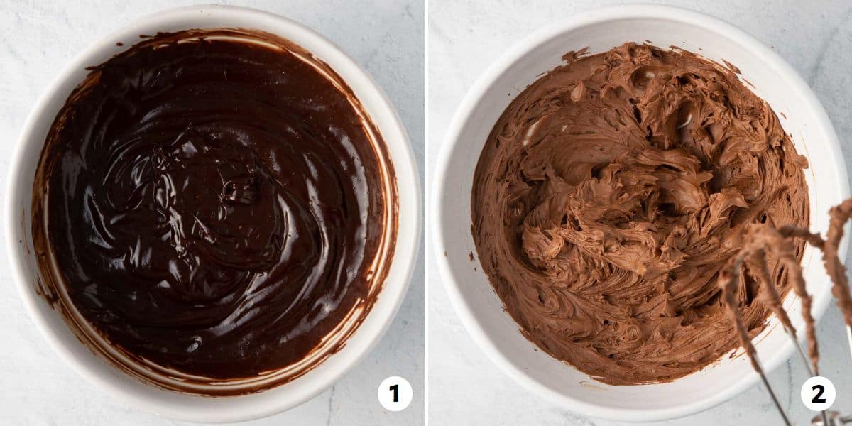 2 image collage of ganache before and after whipped.