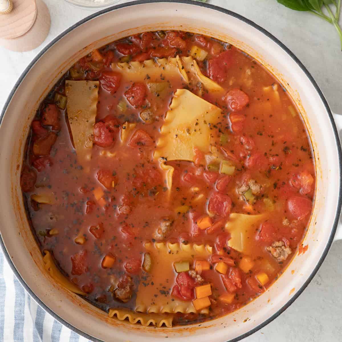 Soup after cooking showing soft lasagna noodles.