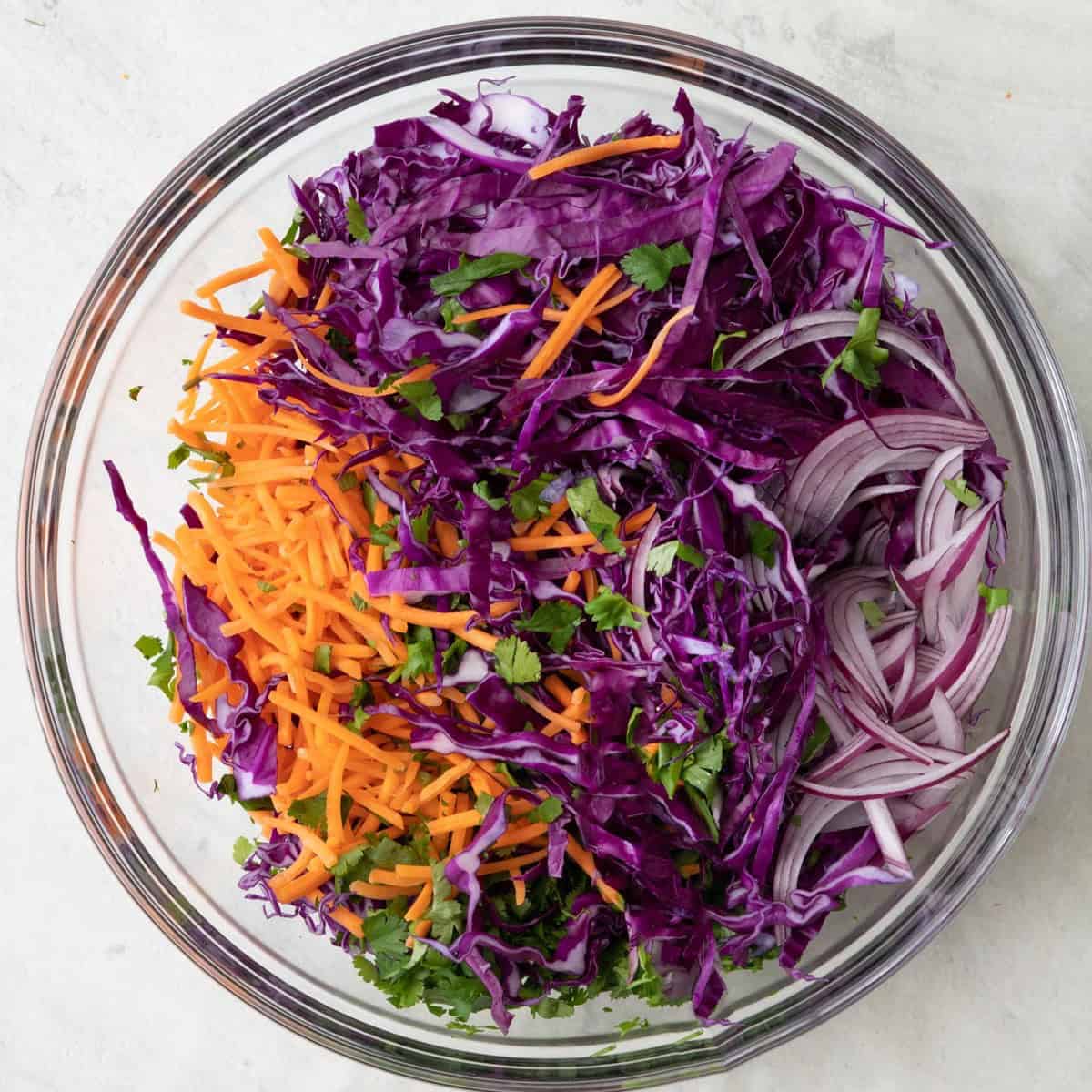 Cabbage, carrots, onions, and cilantro added.