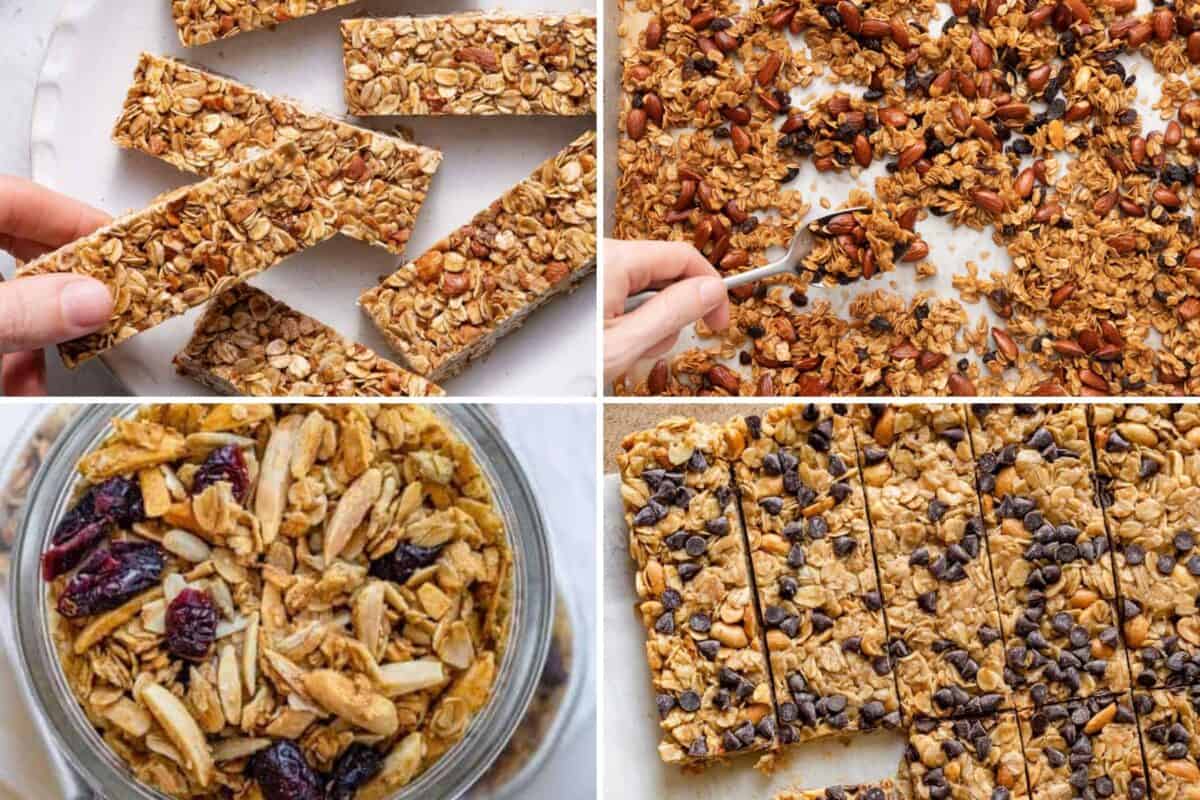 4 image collage of different granola recipes.