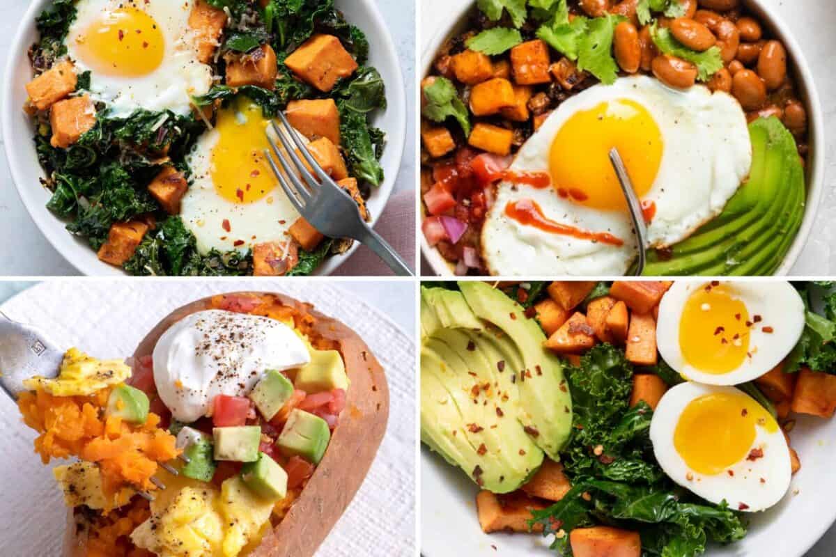 4 image collage of hearty breakfasts.