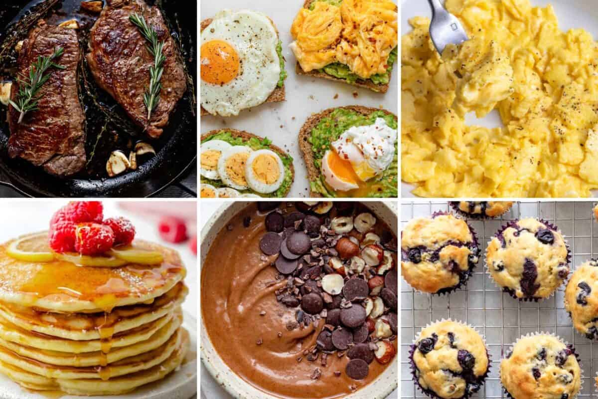 6 image collage showing 3 different savory recipes and 3 different sweet Valentine's Day breakfast recipes