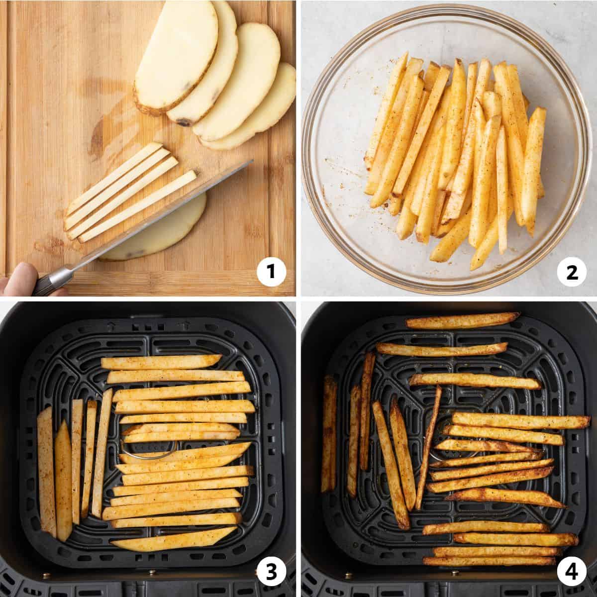 4 image collage making recipe: 1-cutting potatoes into sticks, 2- cut potatoes in a bowl tossed in spices, 3- uncooked potato sticks in air fryer basket, 4- french fries after being air fried in basket.