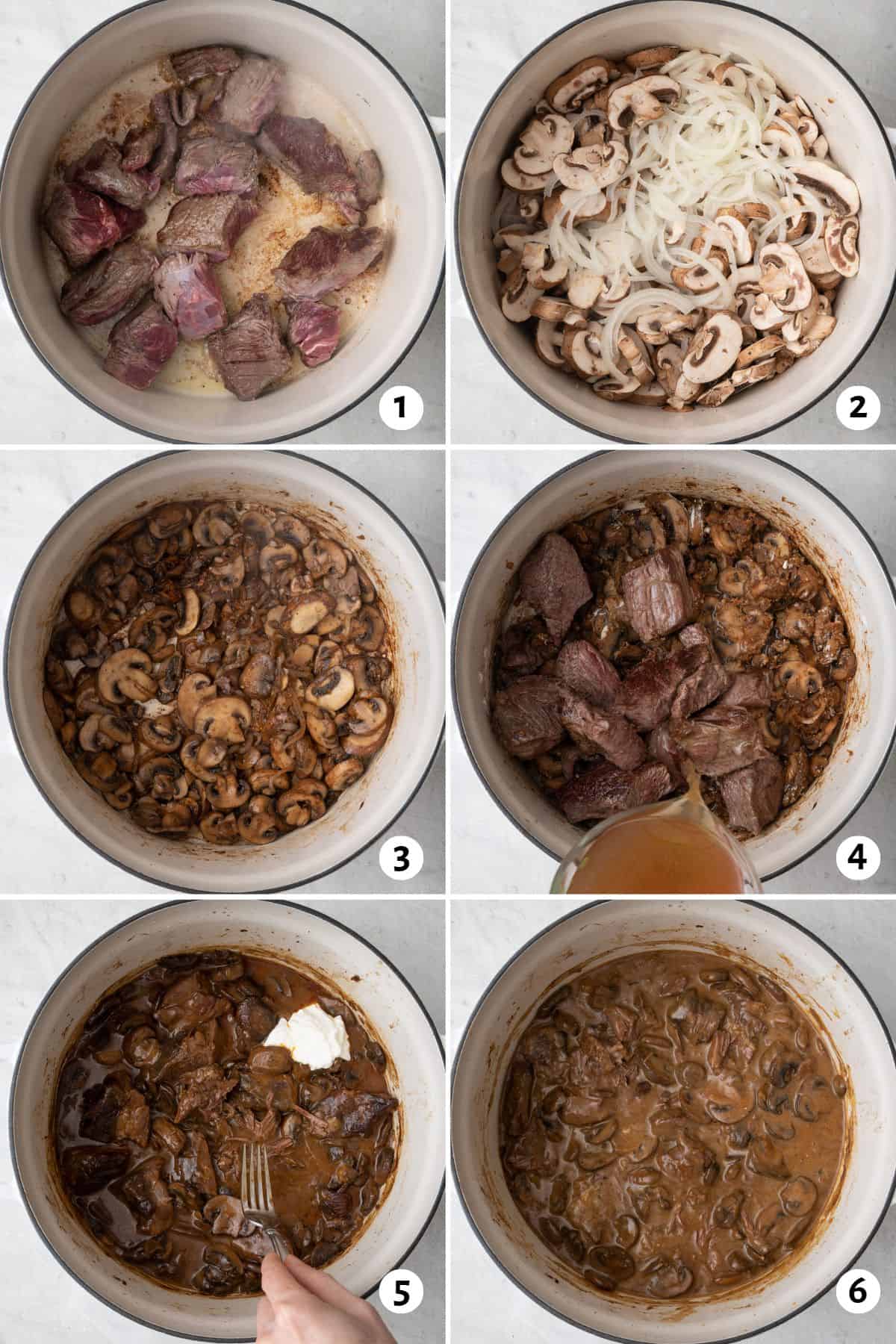 6 image collage making recipe: 1- Seasoned beef in Dutch oven partially seared, 2- Beef removed from pan and mushrooms and onions added before cooked, 3- Mushrooms and onions after sauteed to show browned caramelization after deglazing with apple cider vinegar, 4- stock added, 5- greek yogurt added, 6- after combined and thickened.