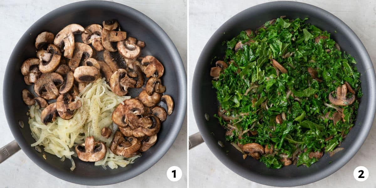 2 image collage preparing vegetables: 1- cooked onions and sliced mushrooms in skillet, 2- Kale added and wilted.