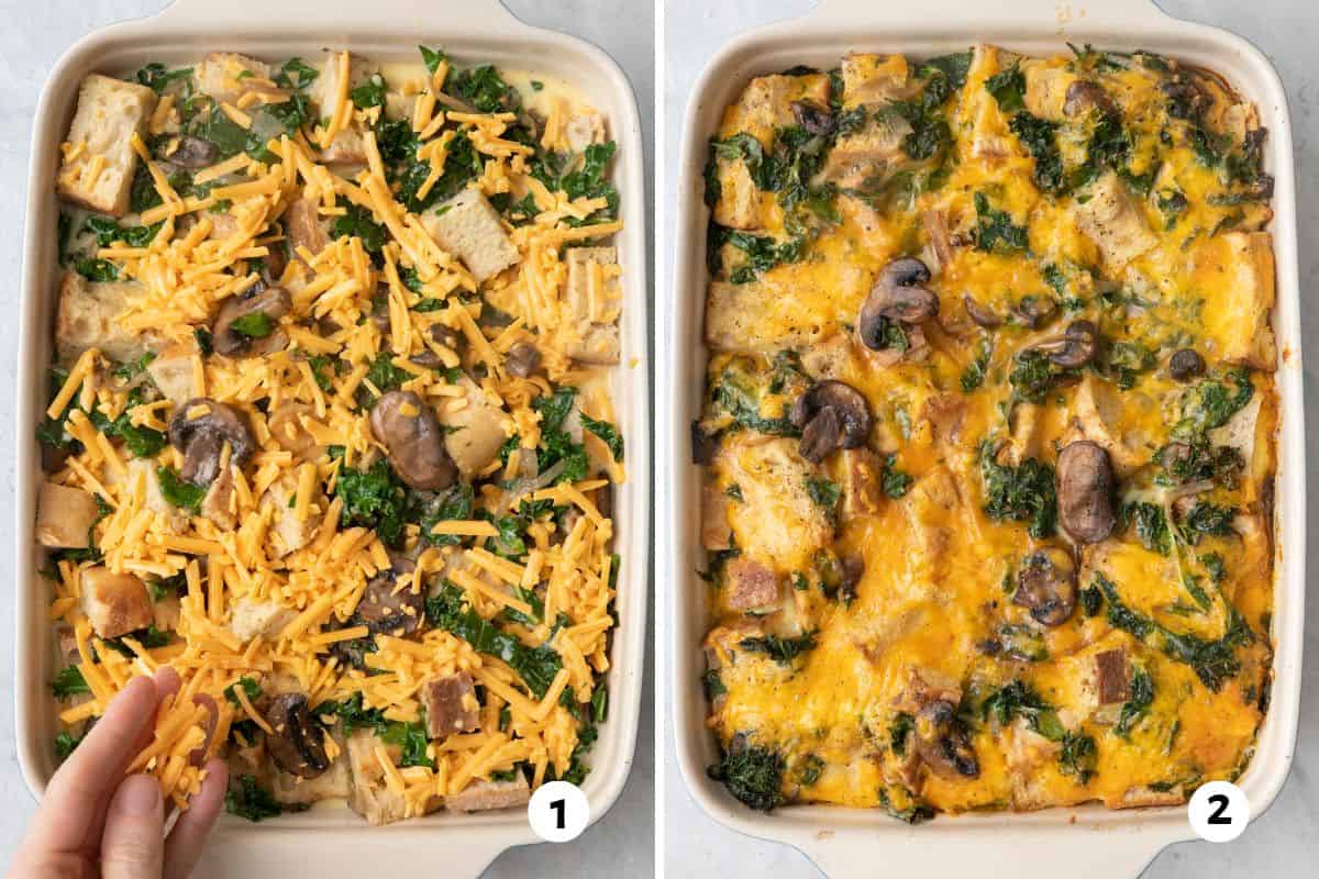 2 image collage of breakfast casserole before baked sprinkling on cheese and after baking to show melty cheese.