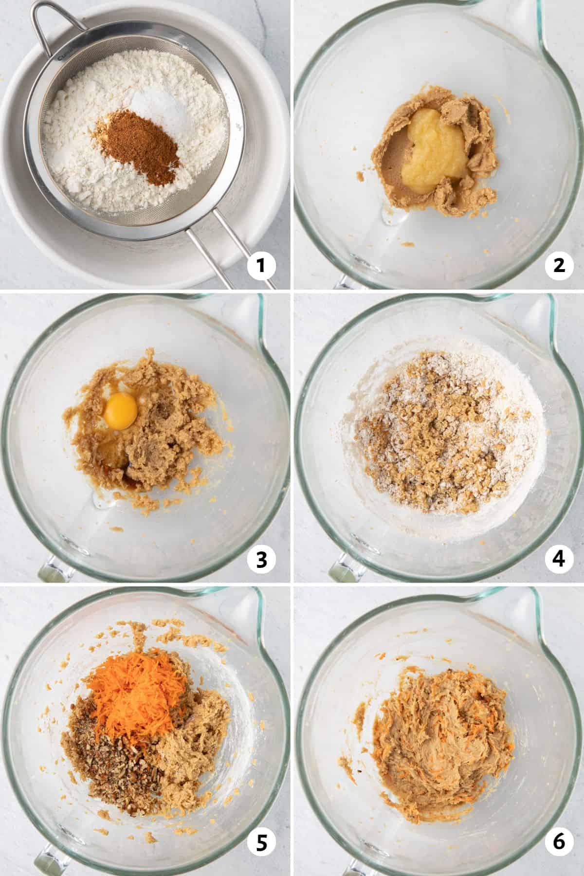 6 image collage making recipe in one bowl: 1- dry ingredients in a sifter over a bowl before being sifted, 2- butter and sugar creamed together with applesauce added, 3- after combined with an egg added, 4- flour mixture added, 5- shredded carrots and pecans added before mixing, 6- after mixing.