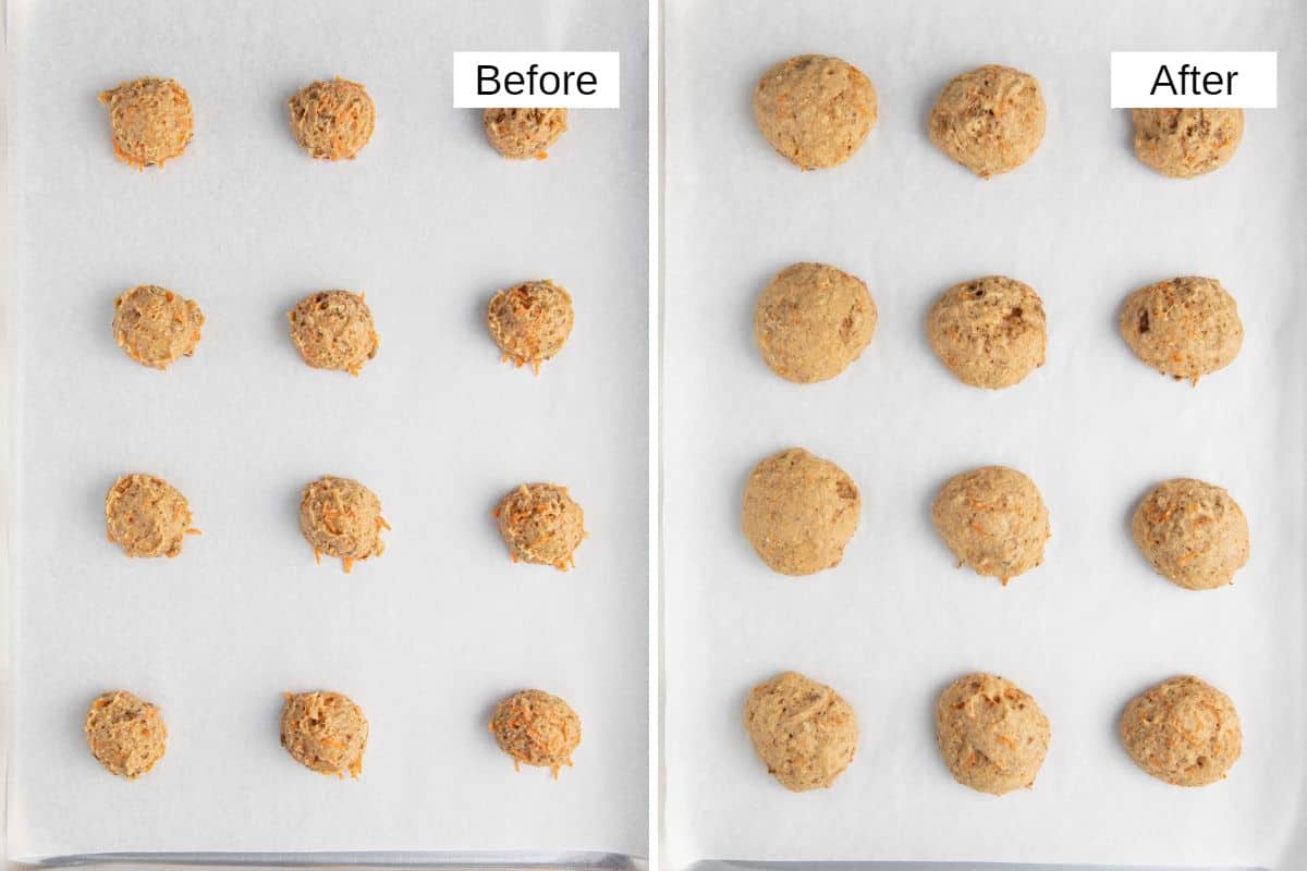 2 image collage of cookies before and after baking.