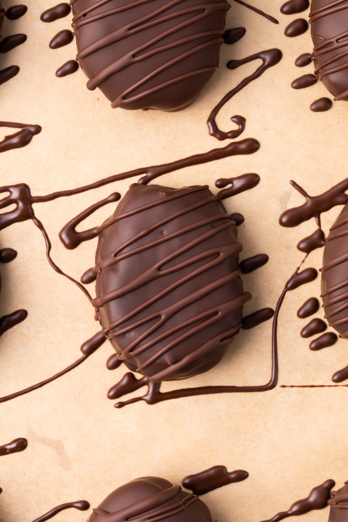 Close up of a chocolate dipped peanut butter egg with chocolate drizzle.