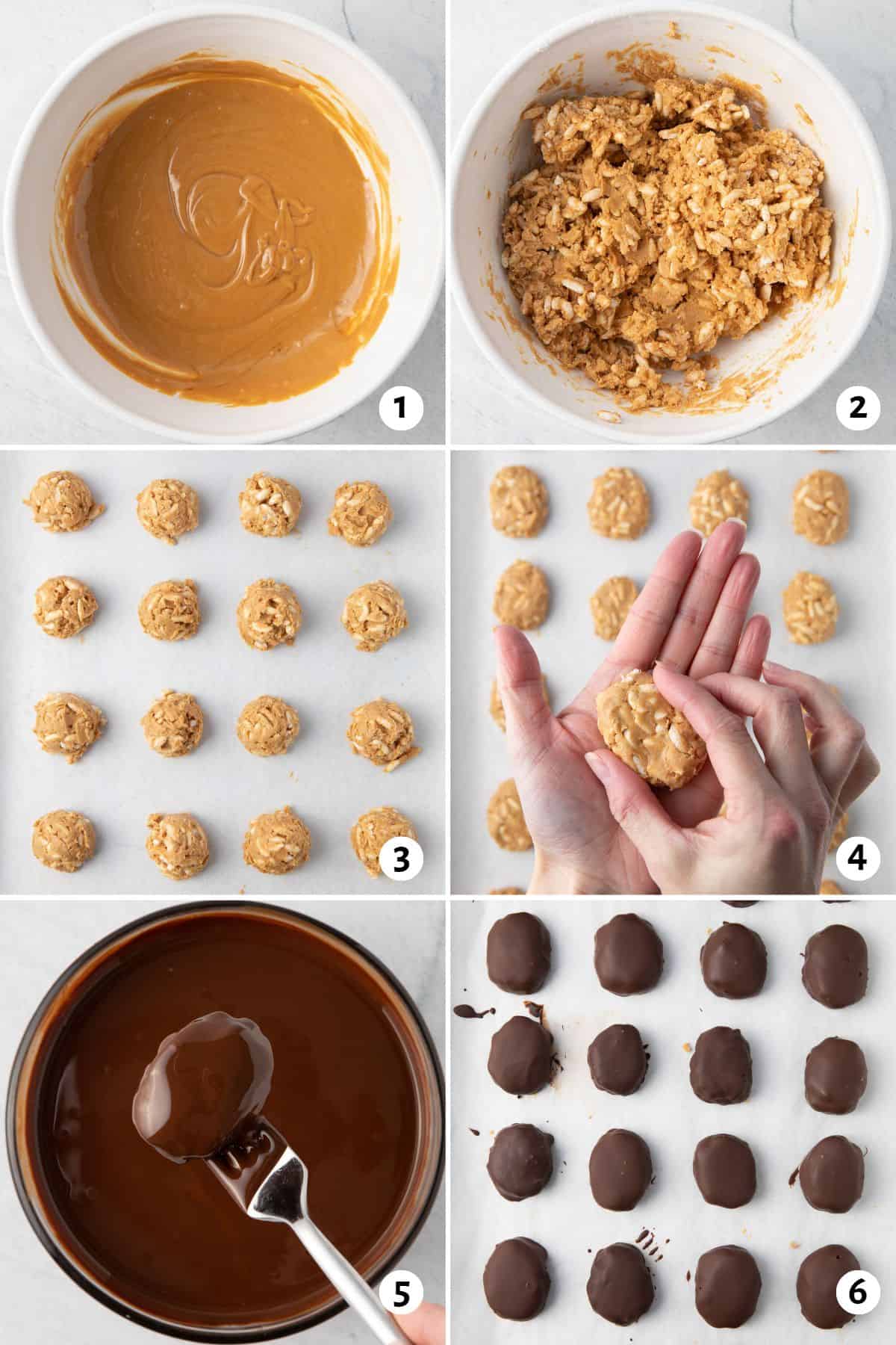 6 image collage making recipe: 1- Peanut butter and butter in a clear bowl melted and combined with vanilla, 2- Melted PB & Butter mixture in a large clear bowl combined with puffed rice, powdered sugar and salt, 3-