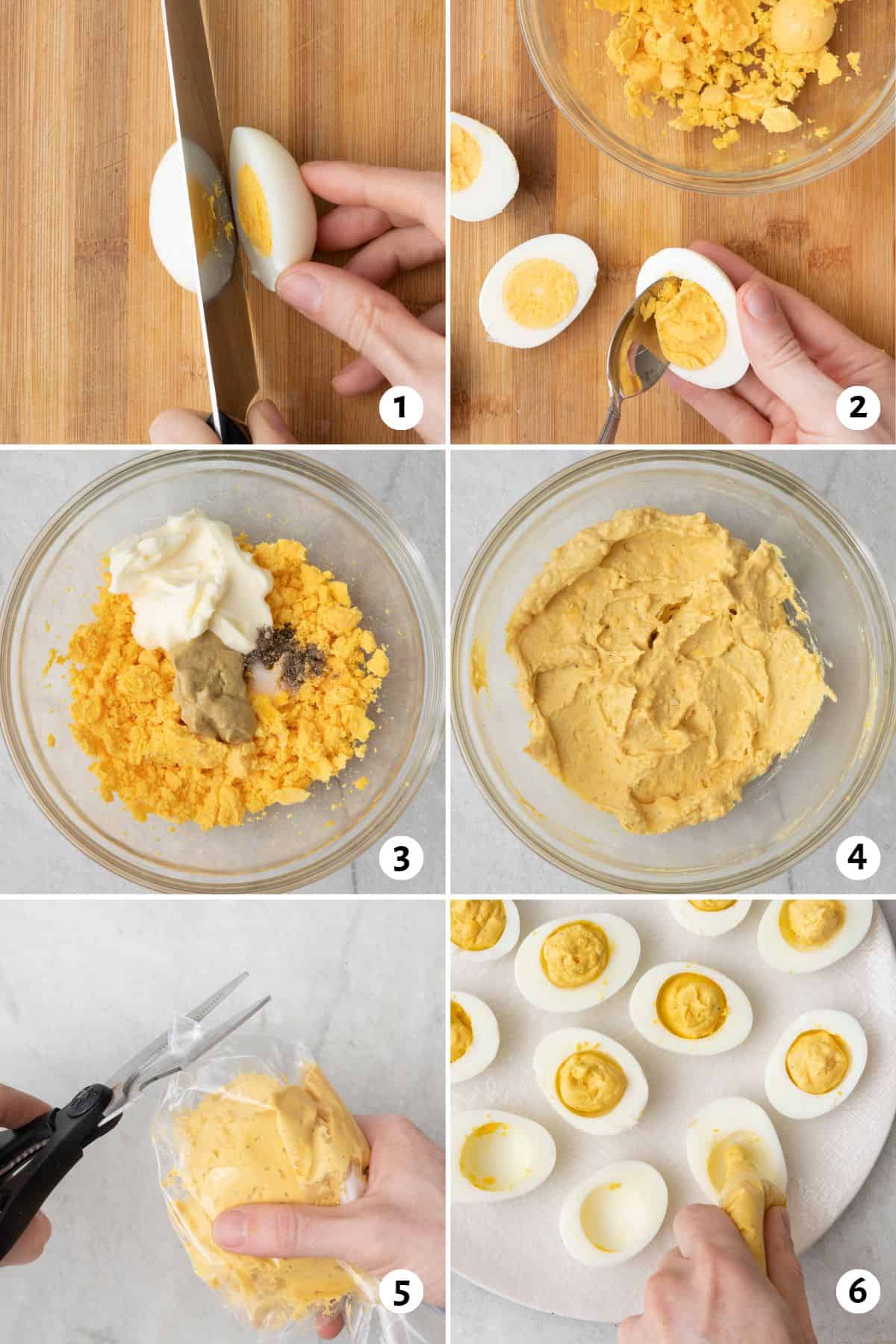 6 image collage with steps to make recipe: 1- slice boiled eggs in half, 2- scoop the yolks into a bowl, 3- add remaining ingredients to bowl, 4- yolk mixture combined, 5- yolk mixture transferred to a bag with scissors snipping of the tip, 6- yolk mixture being squeezed into egg white shells.