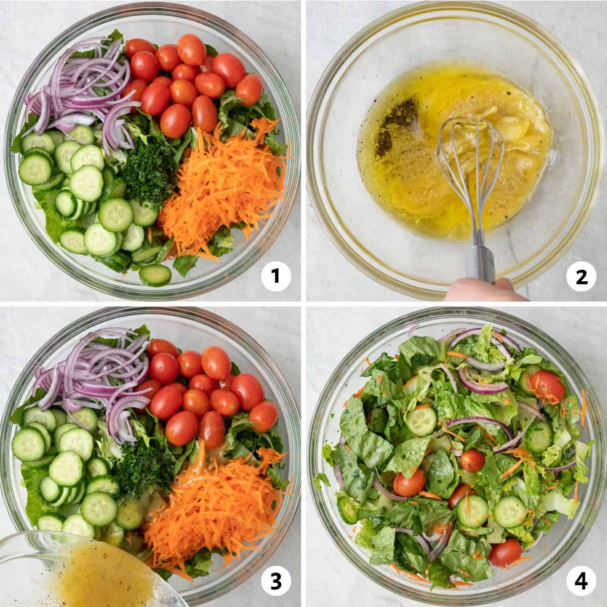 4 image collage making recipe: 1- salad ingredients in bowl before tossing, 2- dressing ingredients being whisked, 3- dressing being poured over salad, 4- salad after tossed.