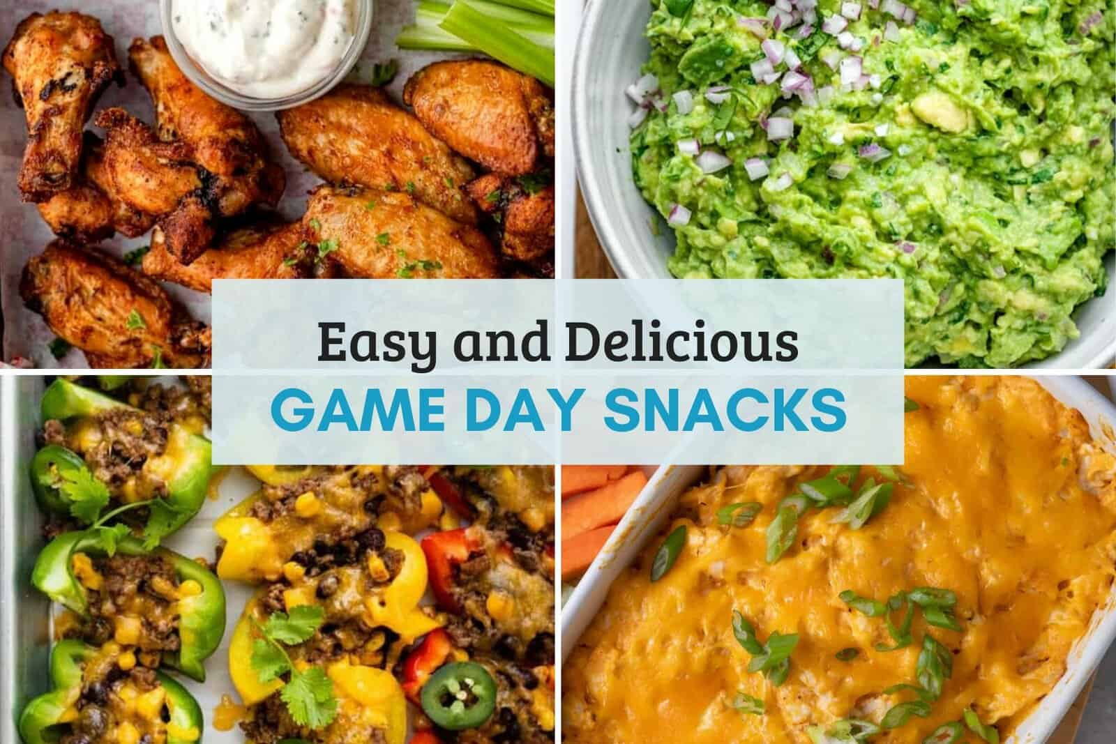 Horizontal collage of game day snack and appetizer recipes.