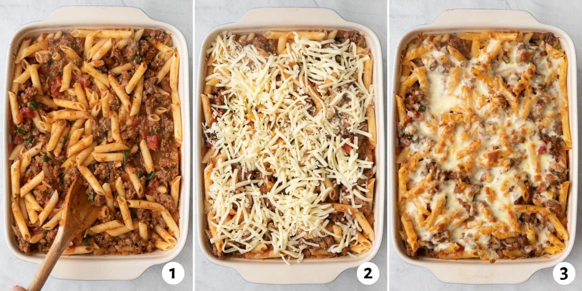 3 image collage making recipe: 1- marinara and basil added after cooked, beef mixture in baked dish with penne pasta, 2- shredded cheese added on top before baked, 3- casserole after baking to show golden melty cheese.