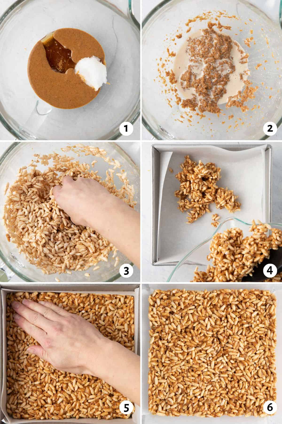 6 image collage making recipe: 1-Almond butter, honey and oil in a bowl of a stand mixer before combined, 2- after mixed showing slightly foamy mixture, 3- Hands gently folding the rice cereal into the almond mixture, 4- adding mixture to prepared pan, 5- Pressing mixture down into pan, 6- remove from pan and set.