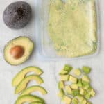 Avocados prepped different ways for freezing: whole, halved, sliced, diced, and mashed in a bag.