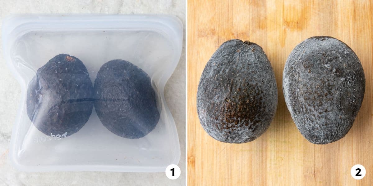 2 image collage of 2 avocados in a zip top bag and then after frozen to show frosty skin.