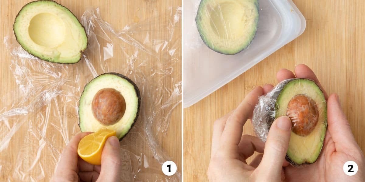 2 image collage of an avocado cut in half:1- lemon juice being squeezed over avocado sitting on top of plastic wrap, 2- avocado wrapped in plastic wrap with other half in zip top bag.