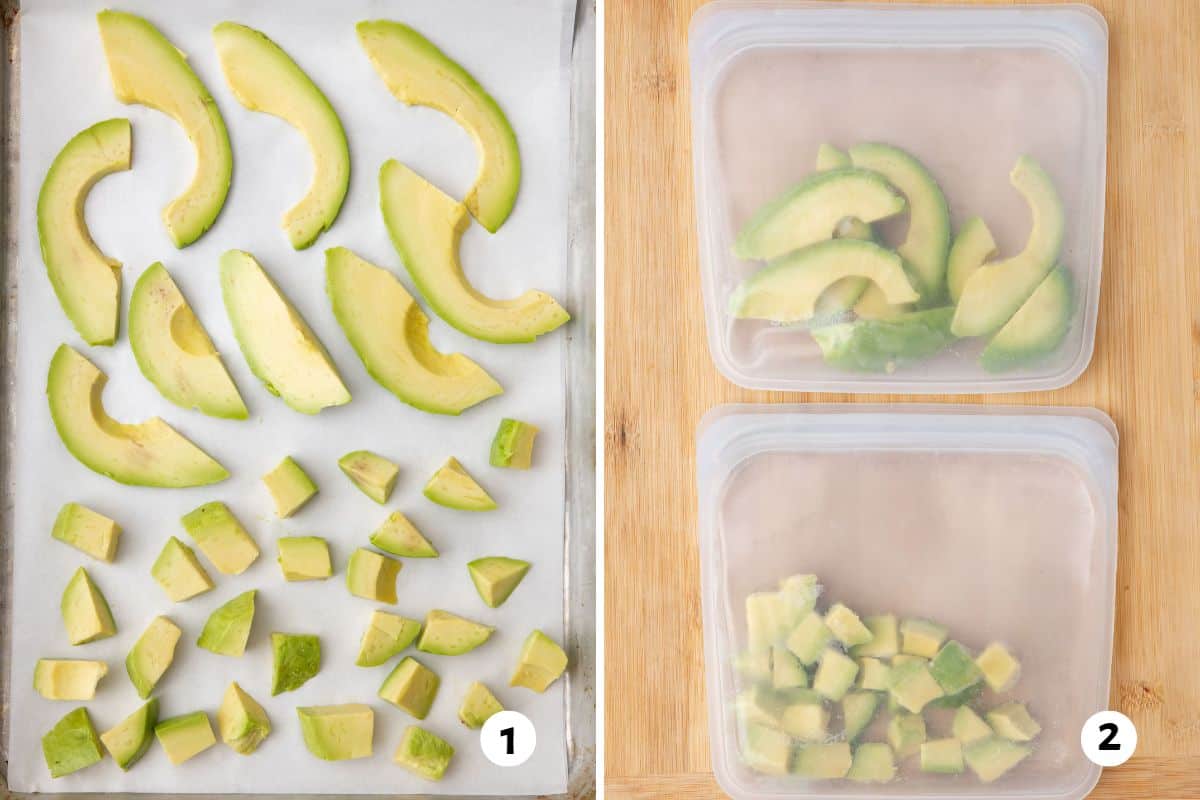 2 image collage of sliced and diced avocado pieces on a baking sheet and then placed into separate zip top bags.