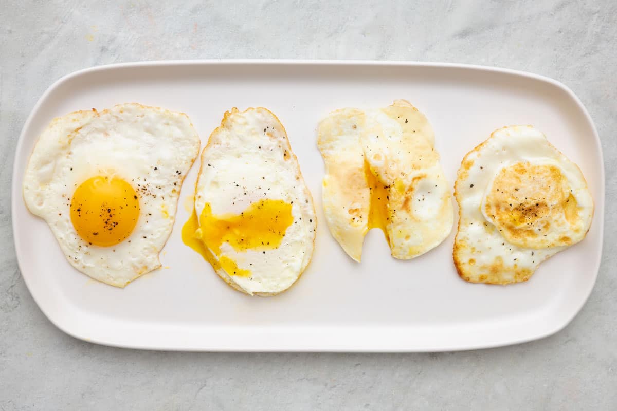4 types if fried eggs on a plate: sunny side up, over easy, over medium, and over hard.