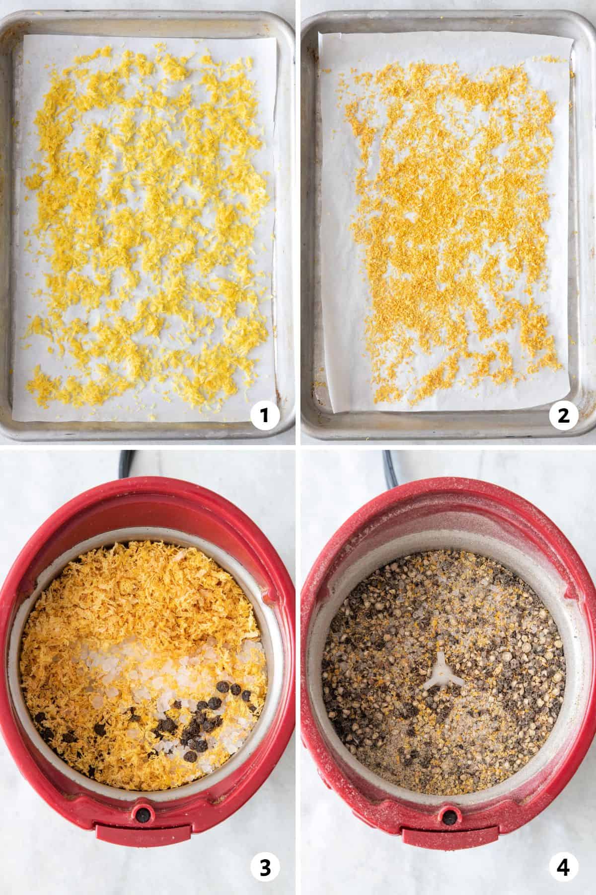 4 image collage making recipe: 1- fresh lemon zest on a parchment lined baking sheet, 2- lemon zest after drying, 3- ingredients in a spice grinder, 4- spice after grinding.