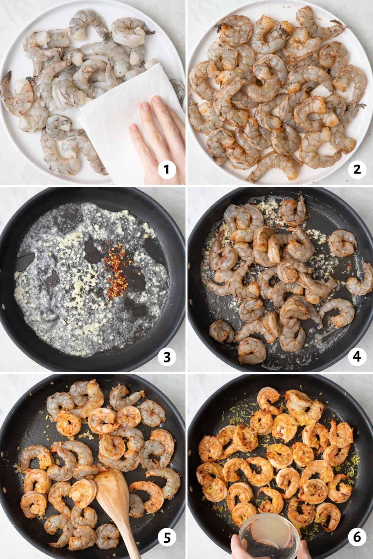 6 image collage making recipe in a pan: 1- patting shrimp dry with a paper towel, 2- shrimp on plate with seasoning, 3- large skillet with melted butter, garlic, and crushed red pepper added, 4- shrimp added before cooking, 5- wood spoon stirring partially cooked shrimp, 6- lemon zest and juice being added to pan.
