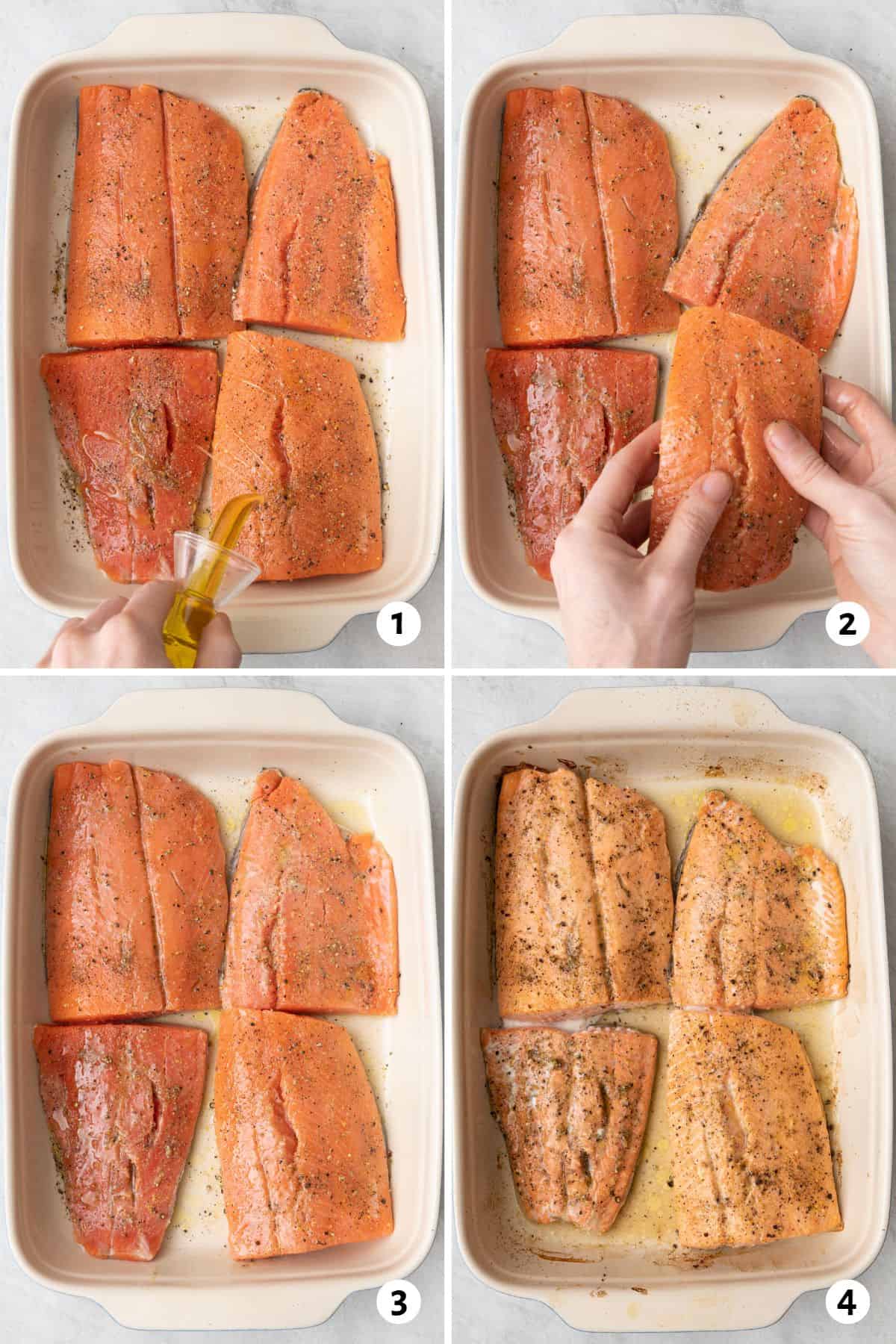 4 image collage making recipe in a baking dish: 1- lemon pepper seasoning on 4 salmon filets with oil being poured over, 2- hands coating fish with oil, 3- salmon before baking, 4- after baking.