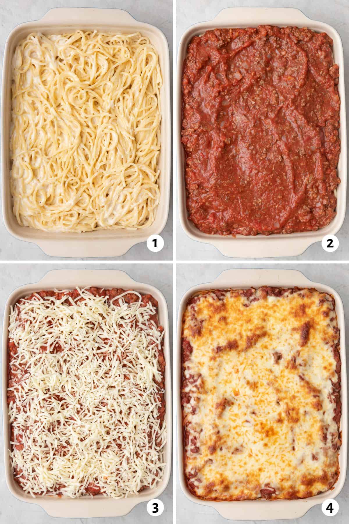 4 image collage of recipe assembly in a baking dish: pasta tossed in bechamel, 2- meat mixture added on top, 3- cheese sprinkled on top, 4- after baking.