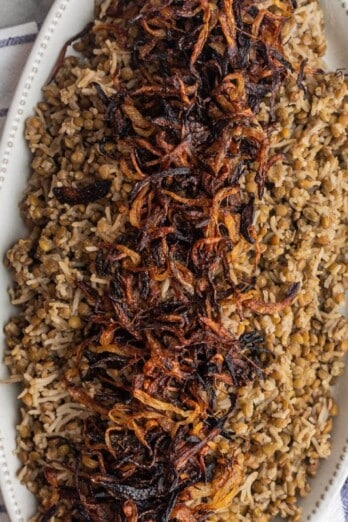 Mujadara on a serving dish.