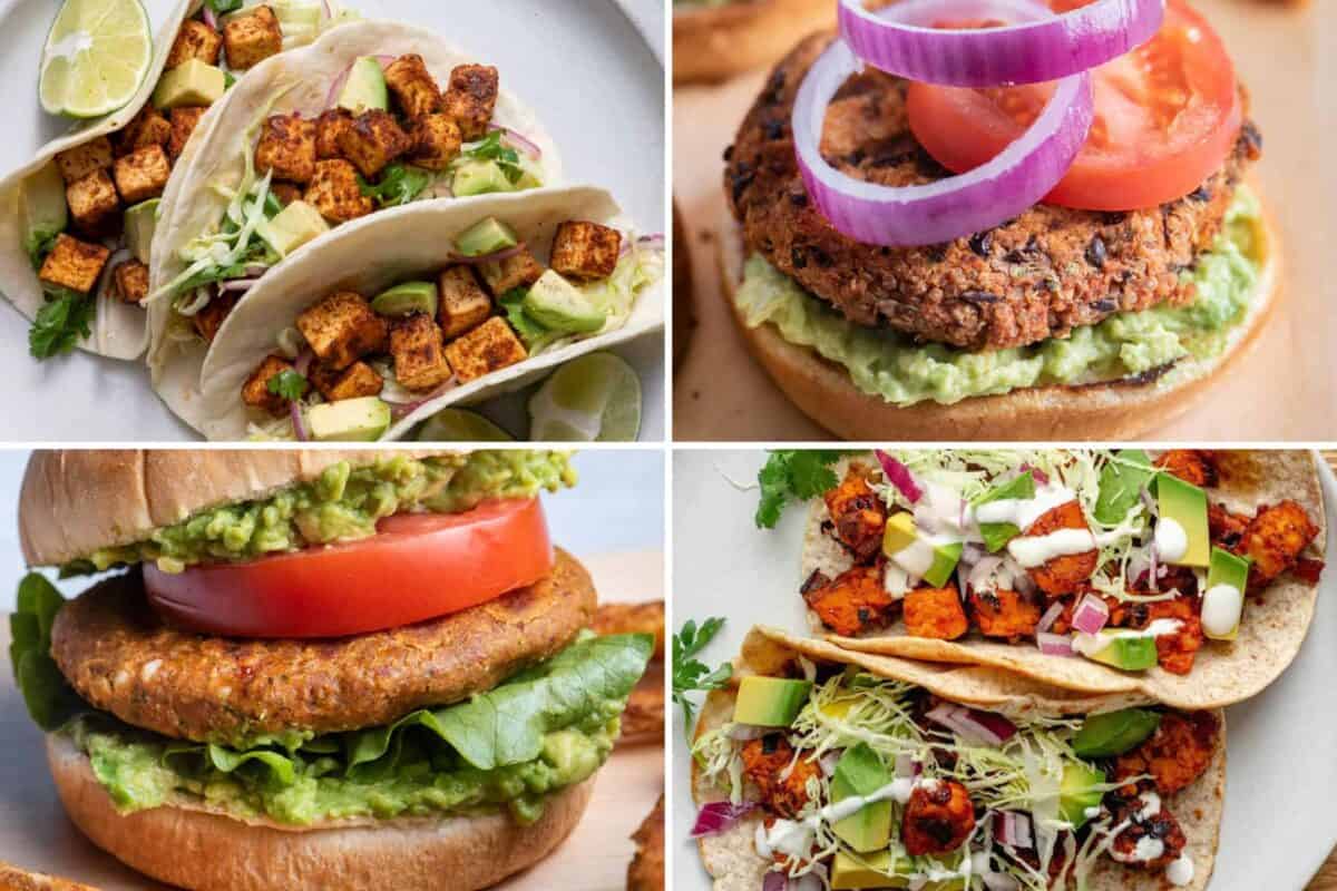 4 image collage of meat-free burgers and tacos.
