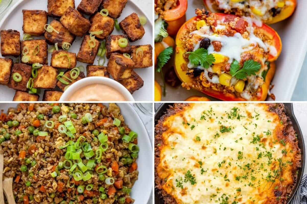 4 image collage of easy plant based recipes.