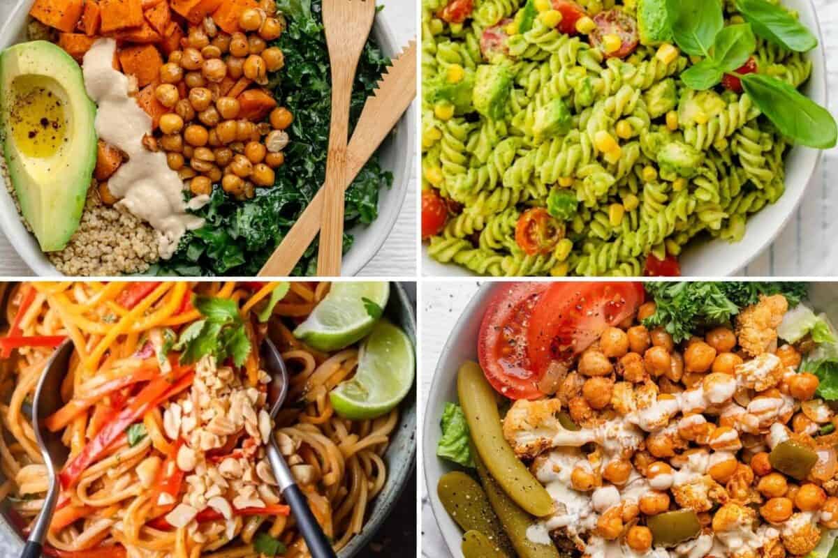 4 image collage of grain bowls and pasta salads.