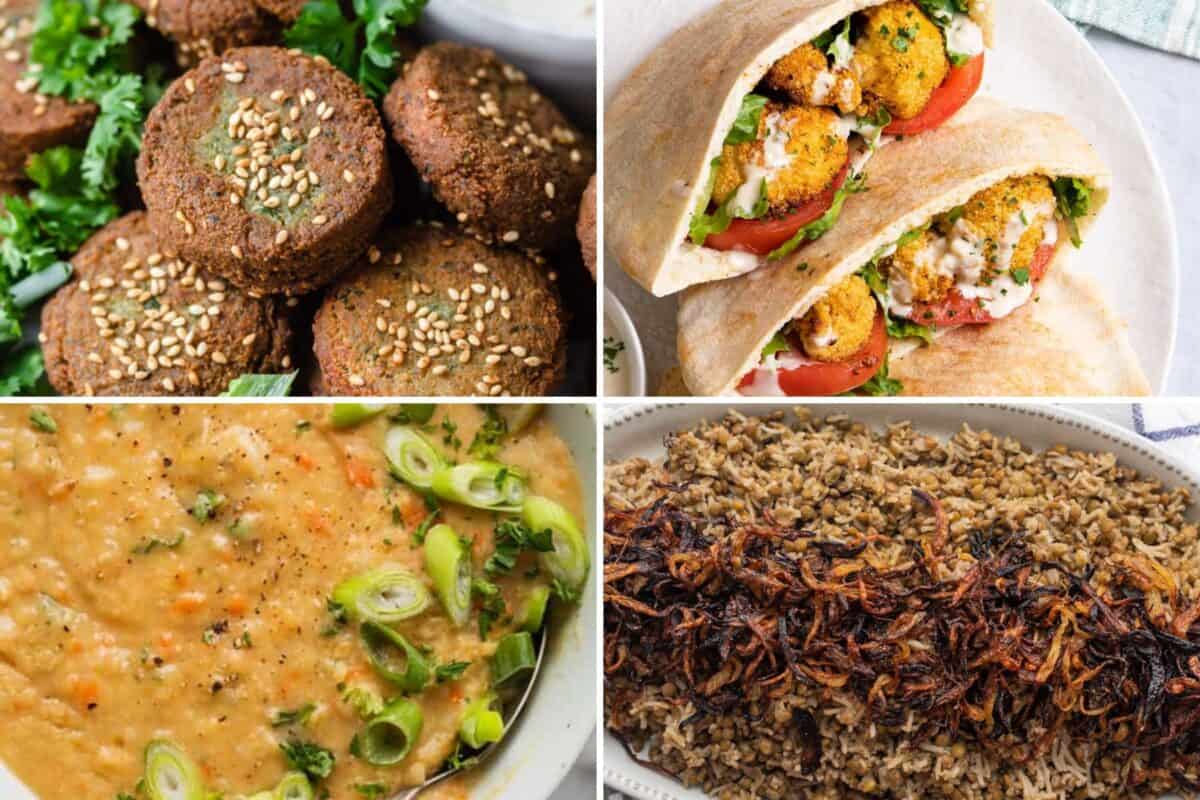 4 image collage of vegan Lebanese recipes.