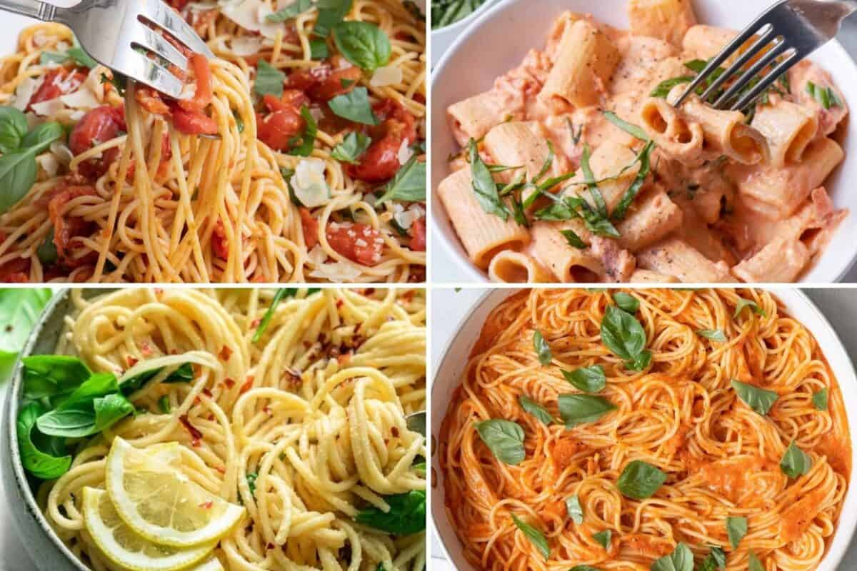 4 image collage of vegan pasta recipes.
