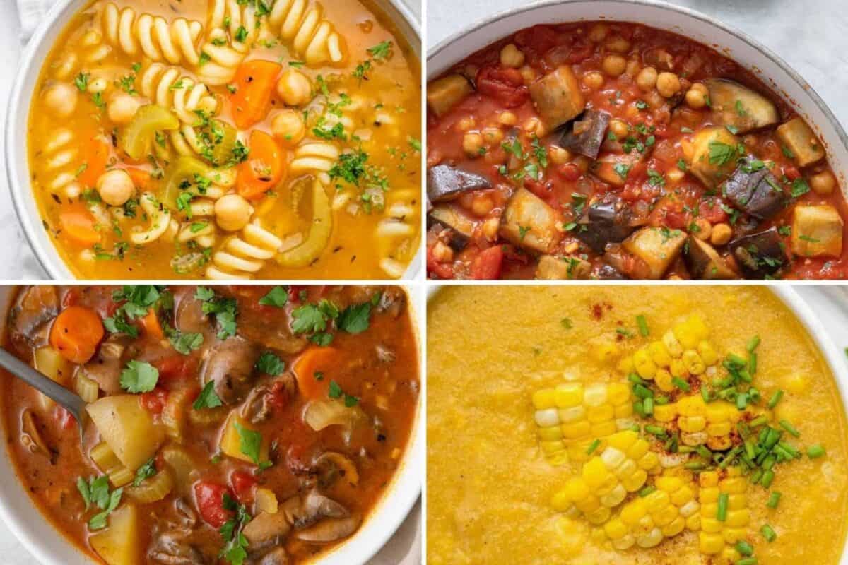 4 image collage of plant based soups and stews.