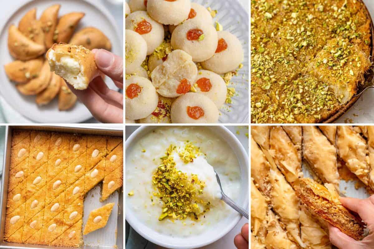6 image collage of Lebanese dessert recipes.