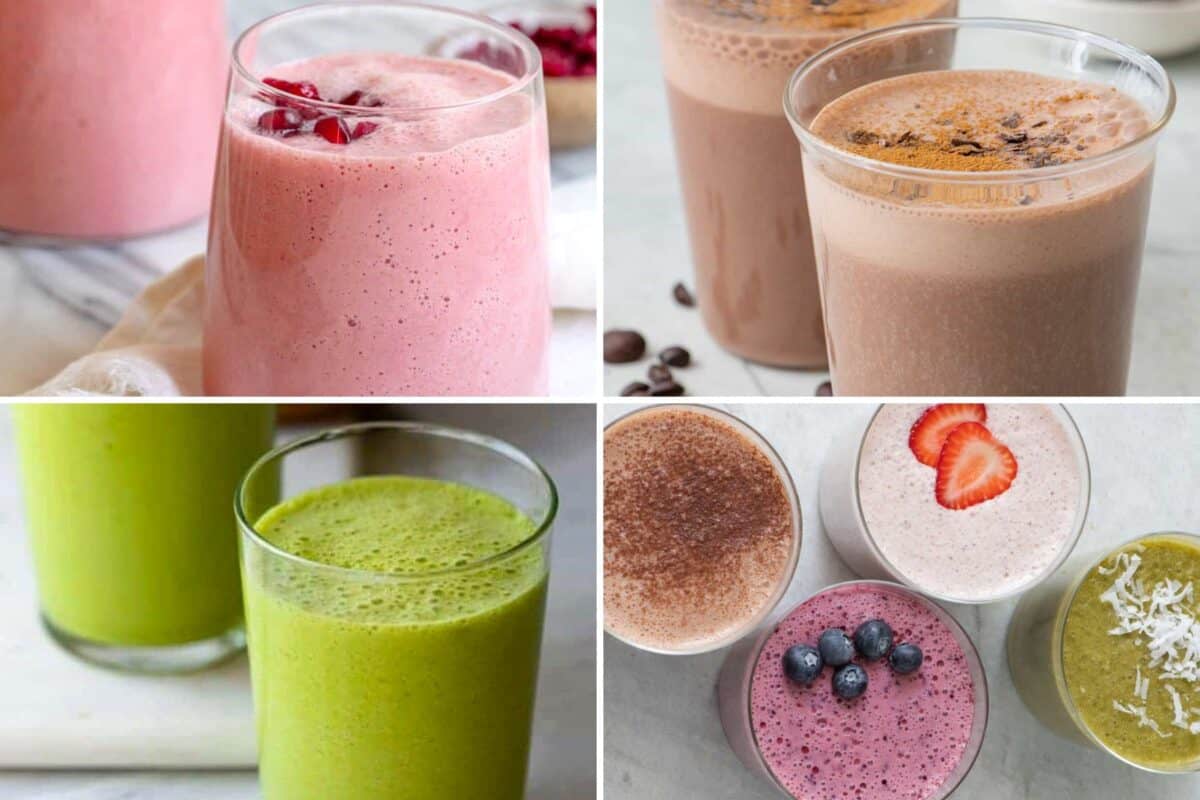 4 image collage of breakfast smoothie recipe ideas.