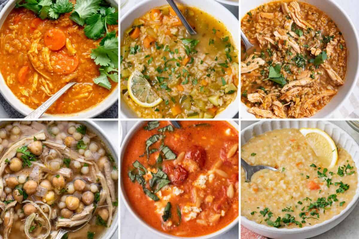 6 image collage of Lebanese inspired soups for Ramadan.