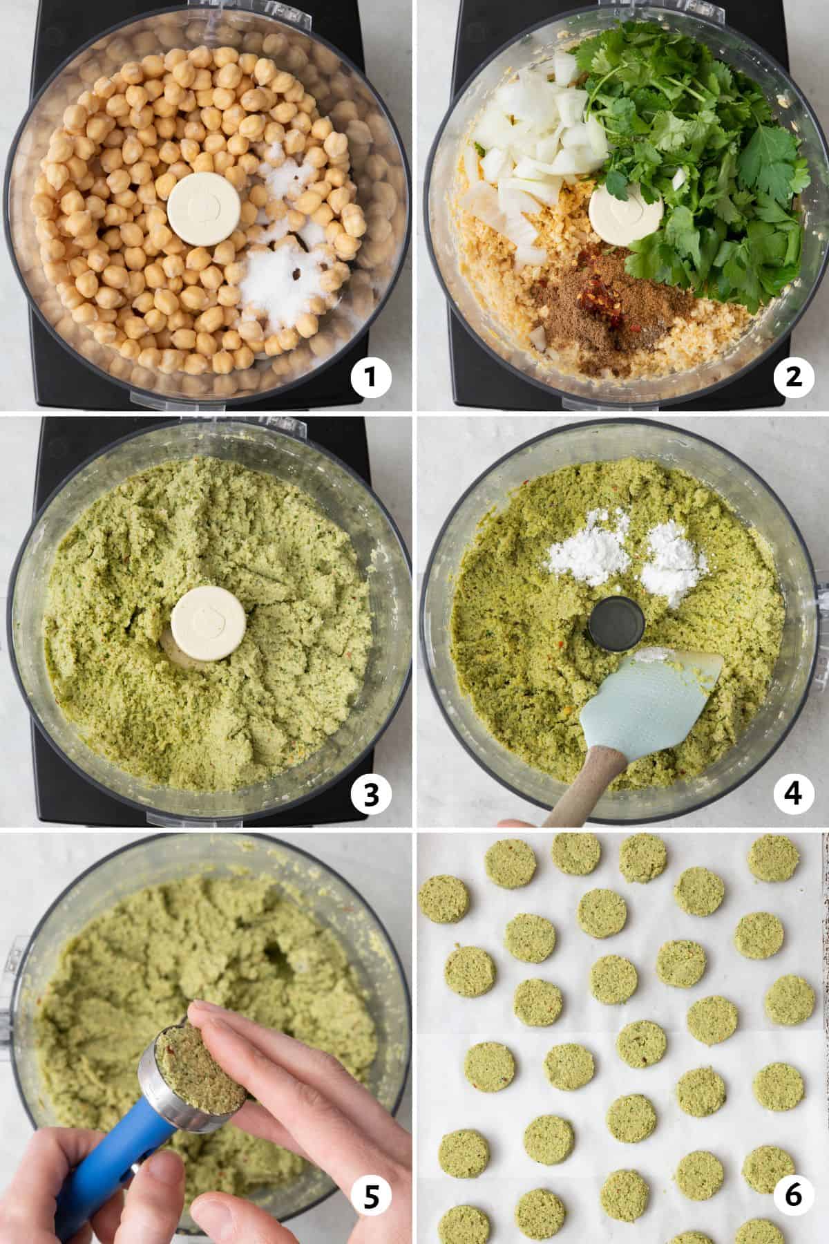 6 image collage making recipe: 1- chickepeas in a food processor with salt, 2- after pulsed with cilantro, parsley, onion and spiced added, 3- final falafel mixture after blending, 4- baking powder sprinkled on top. 5- pressing mixture into a falafel scoop, falafel flats on parchment paper.
