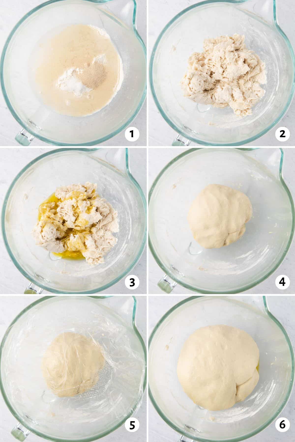 6 image collage making dough: 1- flour, water, yeast, and salt in a stand mixer bowl before mixing, 2- dough after initial mix to show a shaggy mixture, 3- oil added on top, 4- after dough has formed into a smooth, springy ball, 5- oiled plastic wrap set on top of dough ball in stand mixer bowl, 6- dough after doubling its volume in the bowl with plastic wrap removed.
