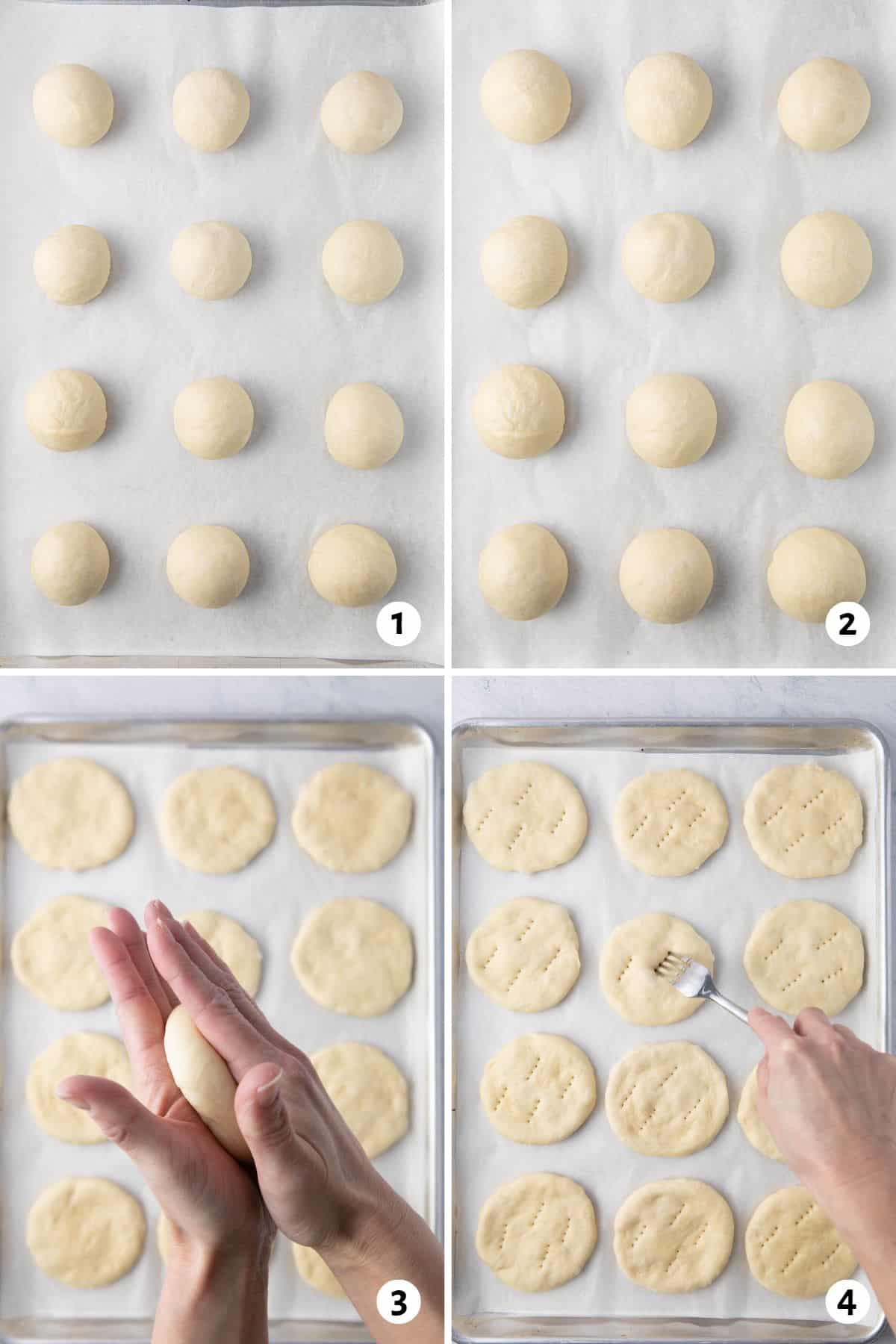 4 image collage making recipe: 1- 12 dough balls on a baking sheet lined with parchment paper, 2- after resting to show slightly larger, 3- hand pressing a dough ball flat in between palms, 4- flattened dough balls on baking sheet with a hand using piercing them with a fork.