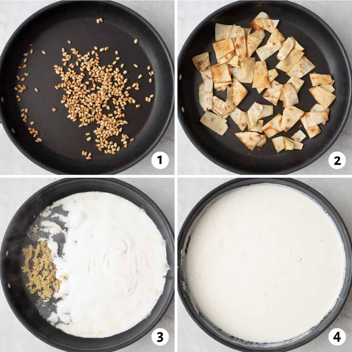 4 image collage making recipe components in the same pane: 1- toasting pine nuts, 2- toasting pita pieces, 3- garlic and yogurt added, 4- sauce after combing.