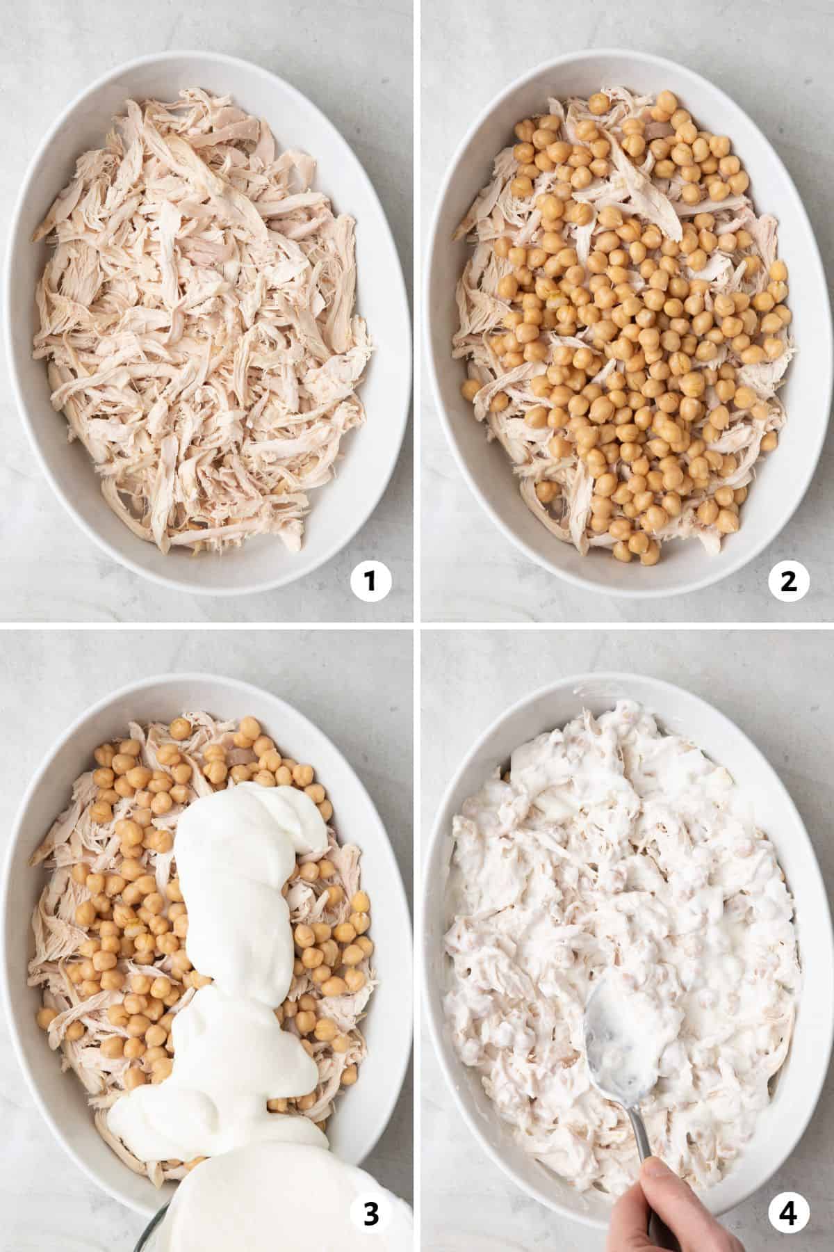4 image collage layering ingredients in oval dish: 1-shredded chicken added, 2- chickpeas added, 3- yogurt sauce being poured over, 4- spoon tossing them together.