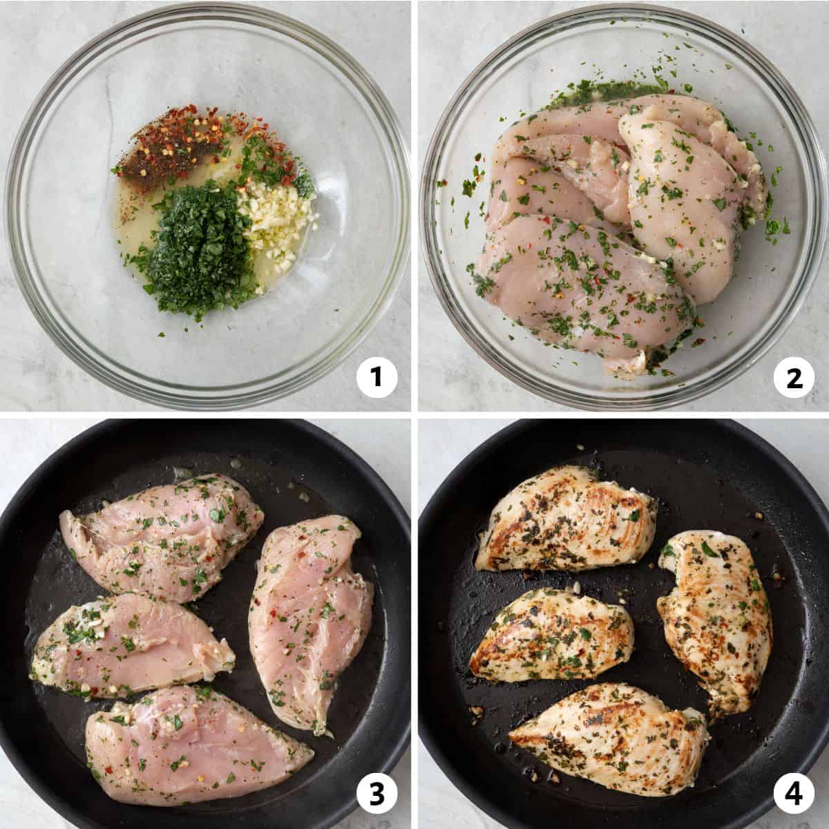 4 image collage making recipe: 1- cilantro, garlic, lemon juice, oil, and seasoning in a bowl before combing, 2- chicken tossed in marinade, 3- chicken breast in a skillet before cooking, 4- chicken after cooking.