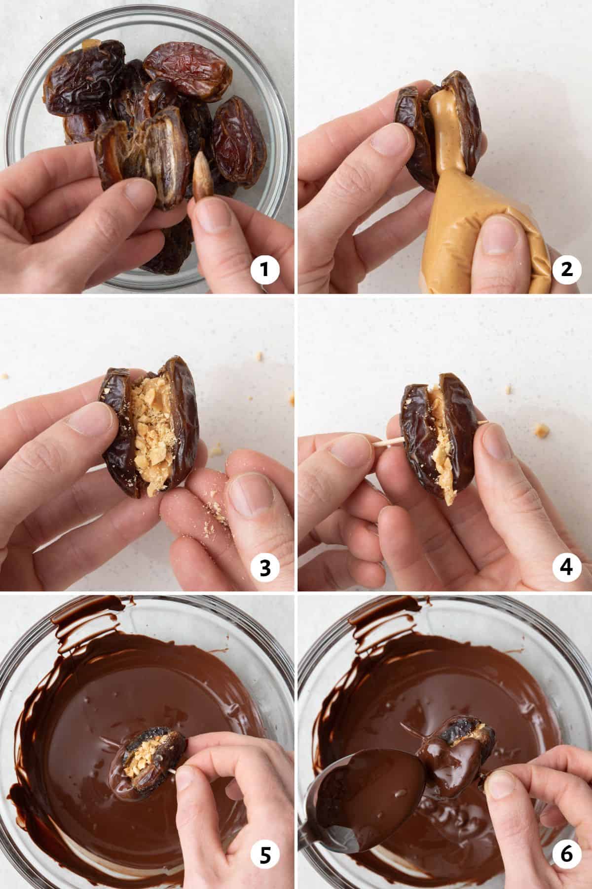 6 image collage making recipe: 1- removing pit from date, 2- piping peanut butter into a pitted date, 3- added crushed peanuts, 4- piercing date with a toothpick, 5- dipping into chocolate, 6- pouring chocolate over top.