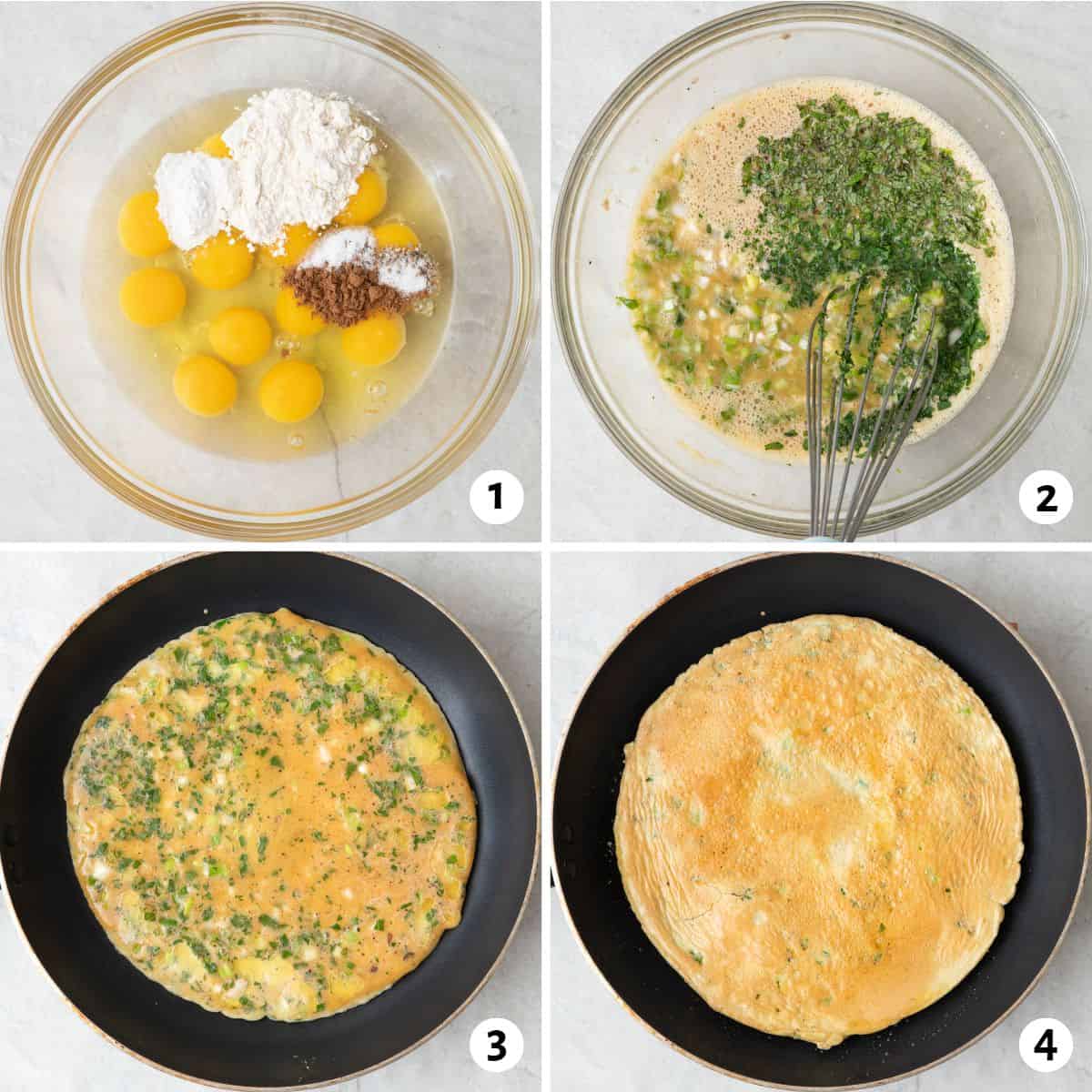 4 image collage making recipe: 1- eggs, spices and flour in a bowl before whisking, 2- whisking in green onions and herbs, 3- eggs in pan partially cooked, 4- after flipping.