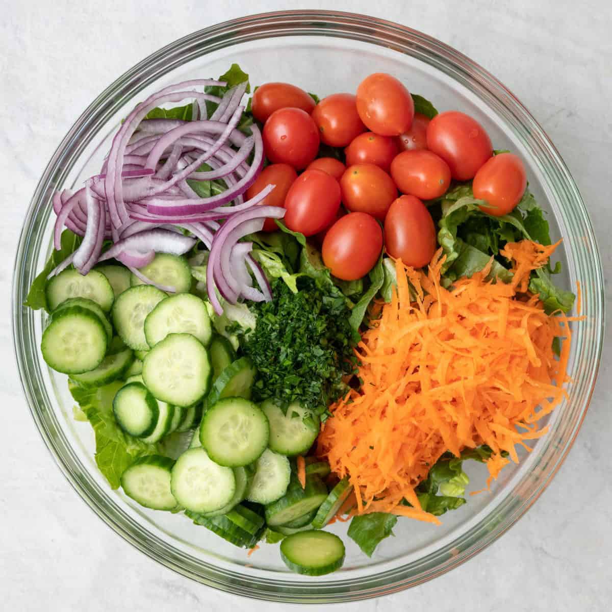 Salad ingredients in a large bowl before tossed.